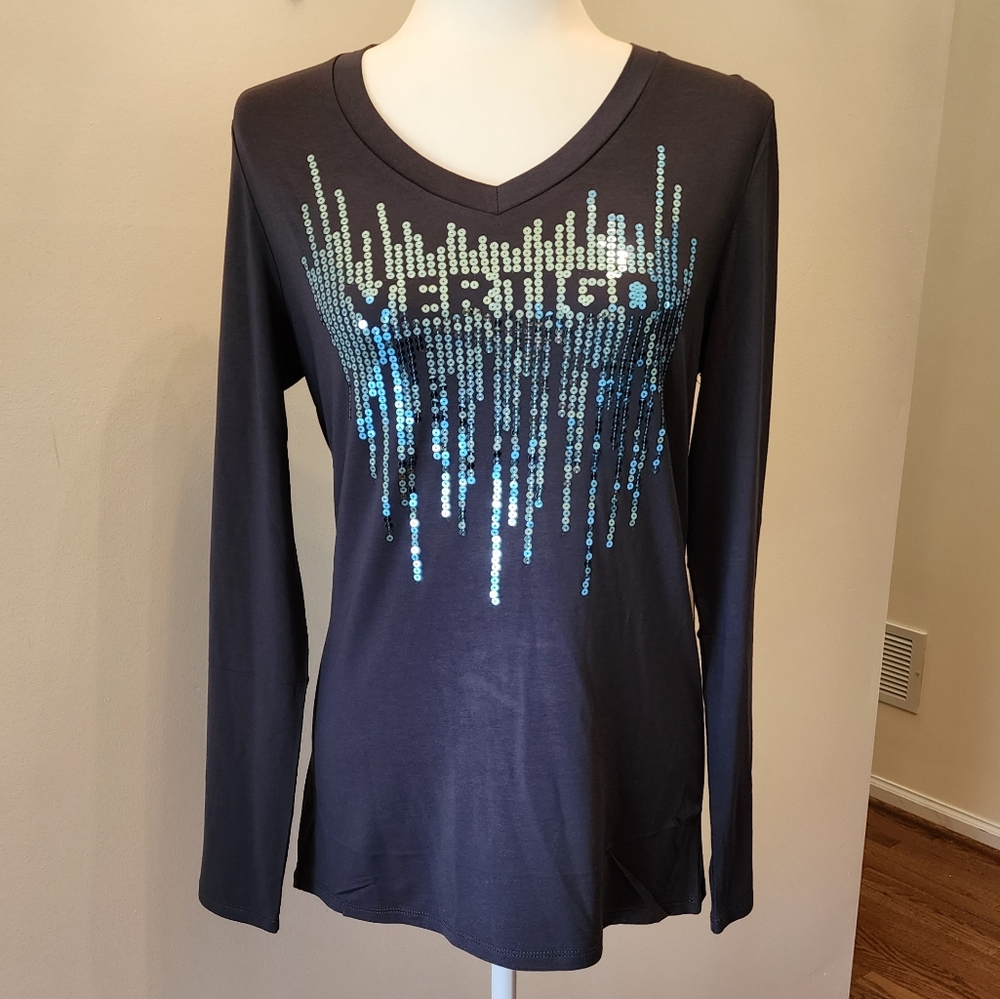 NWT VERTIGO Paris Long Sleeve Navy Blue Top with Sequins Size Large